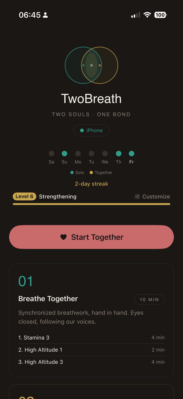 TwoBreath iPhone home screen showing today's Strengthening level 6 routine and the Start Together button