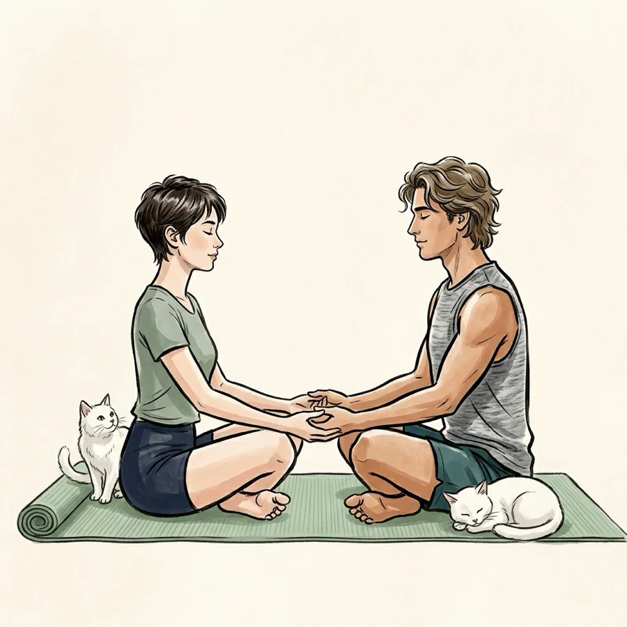 Illustration of a couple sitting cross-legged on a yoga mat, holding hands with eyes closed, two cats resting beside them